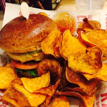 Bagger Dave's Burger Tavern - Blackened mahi-mahi burger with sweet potato chips - Burgers Near Me - Fort Wayne, Indiana