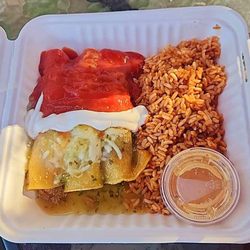 3 meat trio of enchiladas with extra hot habanero. All rice. No beans for me! Yummy!