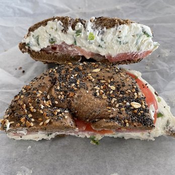 Bagel Pub - Whole wheat everything bagel with scallion cream cheese and tomato - Breakfast & Brunch Near Me - Brooklyn, New York