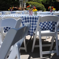 Party Solutions - Party #1. Close up. Blue checkered table cloths 72" round