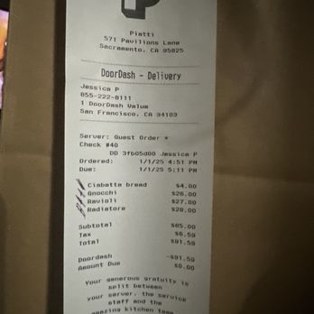 Piatti - My bill without all the extra taxes with tax and tip I spent &125 - Italian Near Me - Sacramento, California Piatti - My bill without all the extra taxes with tax and tip I spent &125 - Italian Near Me - Sacramento, California