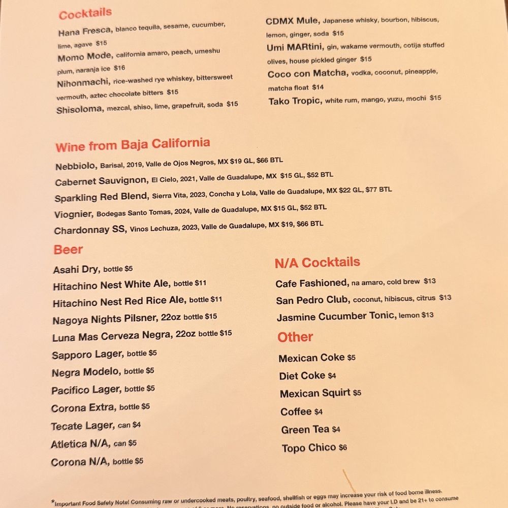 Bar Tako - Drink menu - Japanese Near Me - San Jose, California