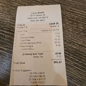 I Luv Sushi - The bill - Sushi Bars Near Me - Lakewood, California