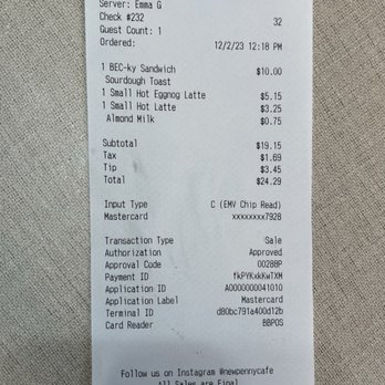 New Penny Cafe - Receipt... would like to see that sandwich price come down a dollar, it was pretty basic - Cocktail Bars Near Me - Avondale, Arizona New Penny Cafe - Receipt... would like to see that sandwich price come down a dollar, it was pretty basic - Cocktail Bars Near Me - Avondale, Arizona