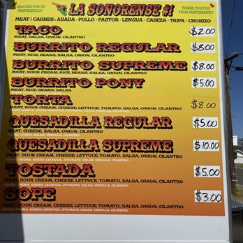 La Sonorense 1 - a menu for a mexican restaurant - Tacos Near Me - Keyes, California
