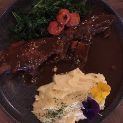 Wasabi Bar Grill - Beef rib, mash, kale, and grilled tomatoes.
