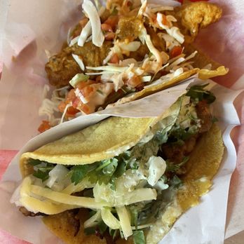 The Taco Stand - Al pastor (bottom) and Baja fish (top) taco - Mexican Near Me - Orange, California