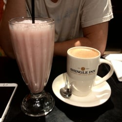Shingle Inn City Hall - Strawberry milkshake and flat white in a mug. Partner says not big enough.