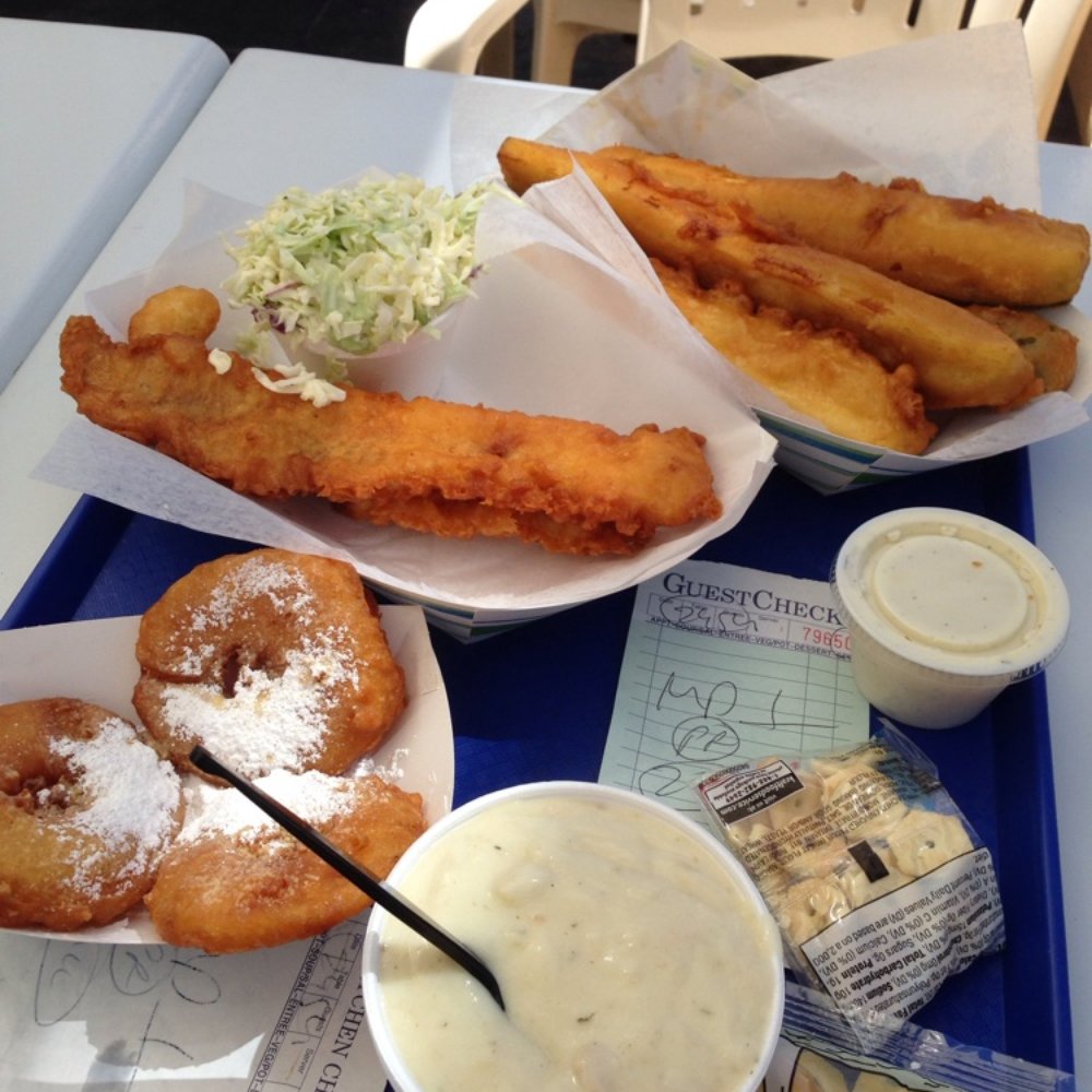 Harbor Fish & Chips - damnnnnn overdid it! lol fried fish and chips with slaw, fried zucchini, fried pineapples, and clam chowder!!!! - Fish & Chips Near Me - Oceanside, California