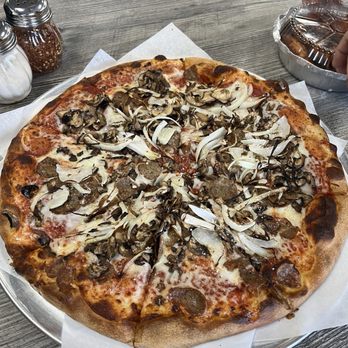 Ameci Pizza Kitchen - large pizza with sausage, mushrooms, and onions - Pizza Near Me - Fountain Valley, California Ameci Pizza Kitchen - large pizza with sausage, mushrooms, and onions - Pizza Near Me - Fountain Valley, California