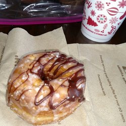Dunkin' - Boston Creme Croissant donut and coffee.