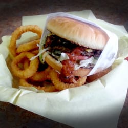 TX Burger - Burger & Rings, as delivered to my table. So what if it took awhile (but less than 10 min). Worth the wait.