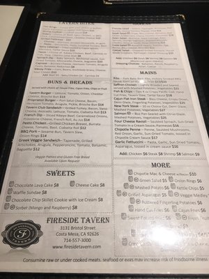 Menu photo 3 Fireside Tavern Costa Mesa, CA