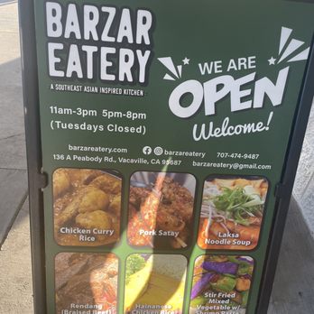 Barzar Eatery - Outside sign - hours of operation - Indonesian Near Me - Vacaville, California Barzar Eatery - Outside sign - hours of operation - Indonesian Near Me - Vacaville, California