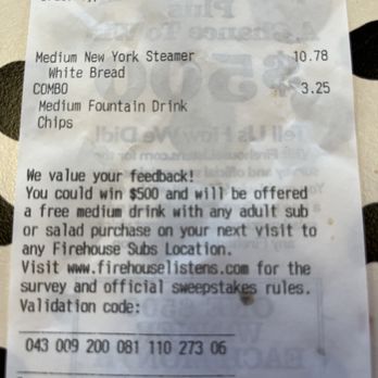 Firehouse Subs - a receipt for a firehouse - Fast Food Near Me - El Paso, Texas
