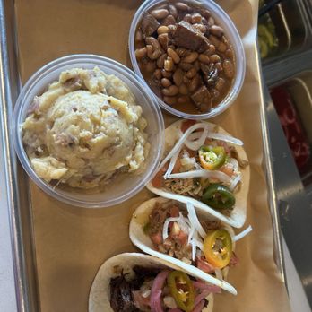 Lost Texan BBQ - 3 tacos with 2 sides. - Barbeque Near Me - Pleasant View, Utah Lost Texan BBQ - 3 tacos with 2 sides. - Barbeque Near Me - Pleasant View, Utah