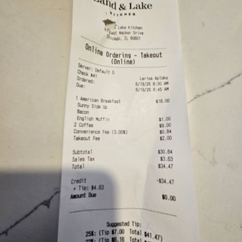 Land & Lake Kitchen - Our receipt was reasonable compared to other brunch restaurant - American Near Me - Chicago, Illinois