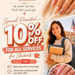 Sassy Nails Salon - GRADUATION SALE! 
Get 10% OFF all services!
Show your student ID/diploma to redeem.
Ready to shine? Let's book your spot now!