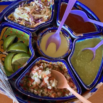 La Taquiza - Plate of sauces - I only liked the pico and green sauce - Mexican Near Me - Cabo San Lucas, BCS