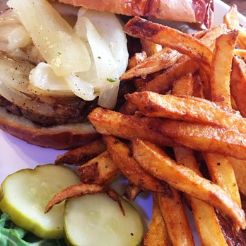 Crawfish Junction - Burger with fried onions and fries - Bars Near Me - Johnson Creek, Wisconsin