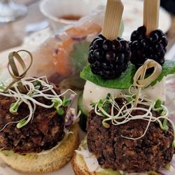 The Flour Box Tearoom - June English Tea menu - black bean sliders, summer roll with sunbutter dipping sauce, blackberry caprese
