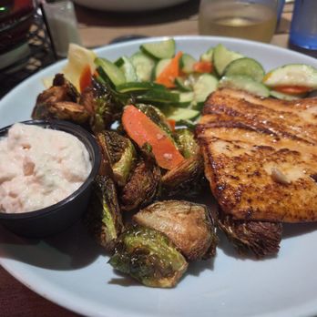 Solana Beach Fish House - Grilled Mahi Mahi, Brussels sprouts and vegis - Seafood Near Me - Solana Beach, California Solana Beach Fish House - Grilled Mahi Mahi, Brussels sprouts and vegis - Seafood Near Me - Solana Beach, California