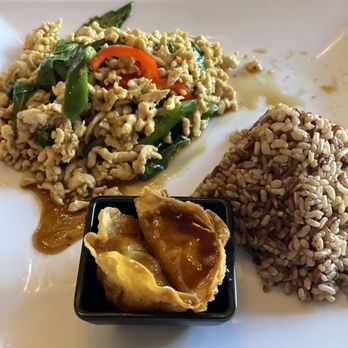 Thailicious - Pad Kra Prow lunch special with brown rice and pot stickers. - Thai Near Me - Fort Worth, Texas Thailicious - Pad Kra Prow lunch special with brown rice and pot stickers. - Thai Near Me - Fort Worth, Texas