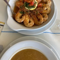 Fish soup and grilled shrimp