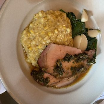 Chez Panisse - Roasted pork loin with sweet corn polenta, spinach, turnips and grilled scallions salsa verde. $35 - New American Near Me - Berkeley, California