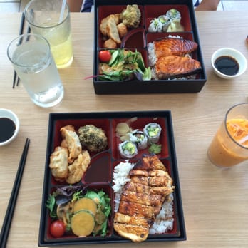Fuji at Kendall - Chicken/salmon teriyaki lunch bento boxes w- tempura vegetable, shumai, gyoza, salad, rice, Cali roll, miso soup (not pictured) - Sushi Bars Near Me - Cambridge, Massachusetts Fuji at Kendall - Chicken/salmon teriyaki lunch bento boxes w- tempura vegetable, shumai, gyoza, salad, rice, Cali roll, miso soup (not pictured) - Sushi Bars Near Me - Cambridge, Massachusetts