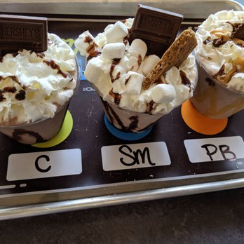 Hershey's Chocolate World - Milkshake Flight, $12.95 prior to tax ($13.73 w/ tax) L-R: Chocolate Milk Shake, Smore Milk Shake, Chocolate Peanut Butter Milk Shake - Kids Activities Near Me - Hershey, Pennsylvania