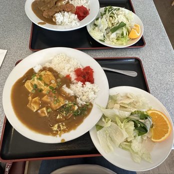 Gombei - Foreground: Tofu Curry, Background: Chicken Cutlet Curry - Japanese Near Me - San Jose, California