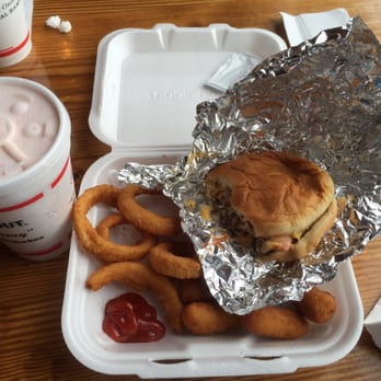 Cook Out - Cookout Tray - Cheese burger with onion rings and hush puppies and a strawberry shake yummmmm! - Burgers Near Me - Athens, Georgia Cook Out - Cookout Tray - Cheese burger with onion rings and hush puppies and a strawberry shake yummmmm! - Burgers Near Me - Athens, Georgia