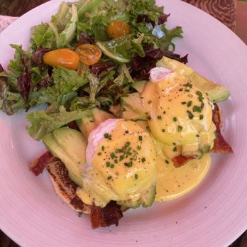 FARM - Crispy Bacon Eggs Benedict with side salad - French Near Me - Palm Springs, California FARM - Crispy Bacon Eggs Benedict with side salad - French Near Me - Palm Springs, California