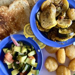 Old Neighborhood Grill - 3 veggie Vegetable Plate (cucumber tomato salad, grilled zucchini+yellow squash, corn fritters) come with toast