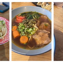Wontons, beef noodle soup, pork dumplings