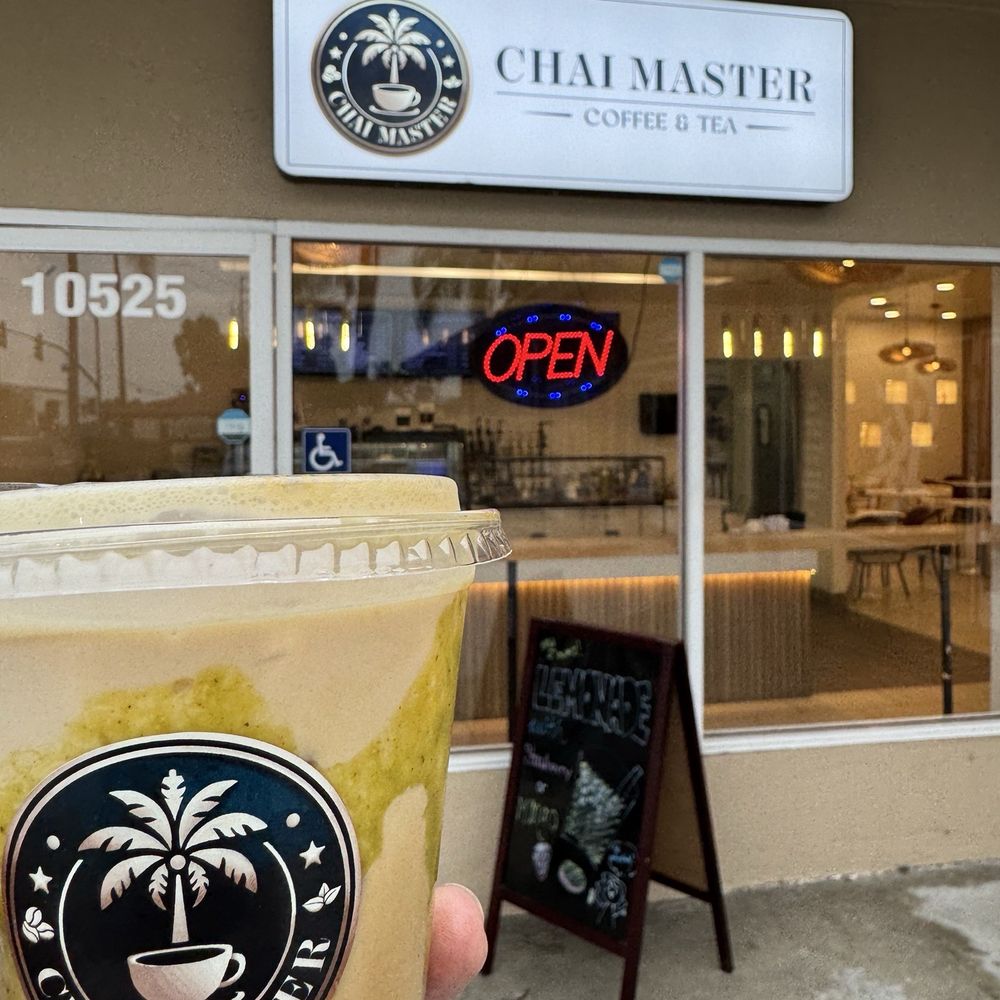 Chai Master - Outside the shop with a pistachio latte - Coffee & Tea Near Me - Los Alamitos, California