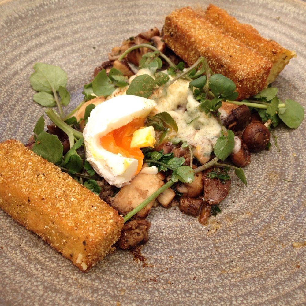 Wild mushrooms with poached egg and polenta chips Wild mushrooms with poached egg and polenta chips