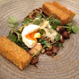 Wild mushrooms with poached egg and polenta chips Wild mushrooms with poached egg and polenta chips