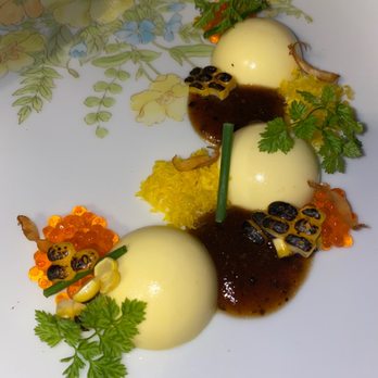 Marlow Bistro - Corn custard with truffle sauce, corn, and fish roe - Mediterranean Near Me - New York, New York Marlow Bistro - Corn custard with truffle sauce, corn, and fish roe - Mediterranean Near Me - New York, New York