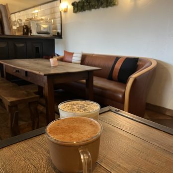 Brewha - New Mexican Mocha (foreground) and Honey Lavender Latte - Beer Bar Near Me - Cornville, Arizona