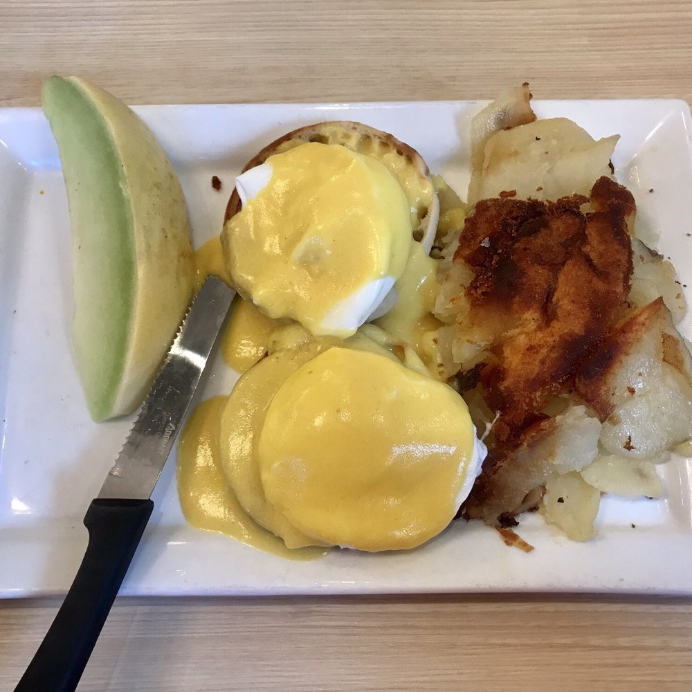 Tempo Cafe - Eggs Benedict w/ Hash Brown and Slice Fresh Honeydew. - Coffee & Tea Near Me - Chicago, Illinois Tempo Cafe - Eggs Benedict w/ Hash Brown and Slice Fresh Honeydew. - Coffee & Tea Near Me - Chicago, Illinois