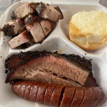 MEGA Texas Barbeque - Two meat plate smoked brisket pork belly and a side of a hot link - Caterers Near Me - Fresno, California