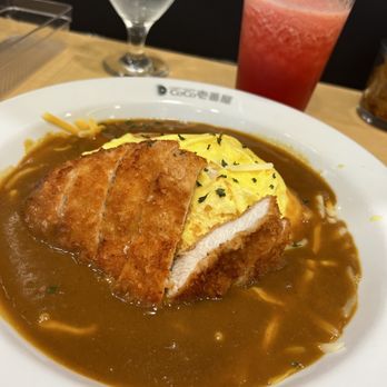 CoCo Ichibanya - Chicken katsu omelette with cheese curry and watermelon juice. - Japanese Curry Near Me - Frisco, Texas CoCo Ichibanya - Chicken katsu omelette with cheese curry and watermelon juice. - Japanese Curry Near Me - Frisco, Texas