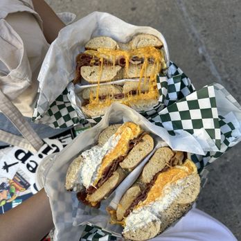 Leon's Bagels - Top was the regular bacon egg cheese on a sesame bagel Bottom was a bacon egg cheese with garlic herb cream cheese on an everything bagel - Bagels Near Me - New York, New York Leon's Bagels - Top was the regular bacon egg cheese on a sesame bagel Bottom was a bacon egg cheese with garlic herb cream cheese on an everything bagel - Bagels Near Me - New York, New York