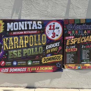 Monitas Mexican Restaurant - Another banner showing other daily specials and a advertisement of their karaoke live on Sunday's 11 am till 3 pm - Tacos Near Me - San Antonio, Texas Monitas Mexican Restaurant - Another banner showing other daily specials and a advertisement of their karaoke live on Sunday's 11 am till 3 pm - Tacos Near Me - San Antonio, Texas