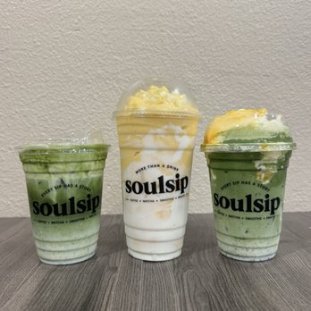 Soulsip - Left: Pistachio Matcha Latte. Middle: Mango smoothie. Right: Mango Cake Matcha. - Coffee & Tea Near Me - San Jose, California