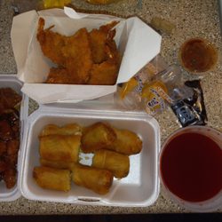 Fried prawns, egg rolls