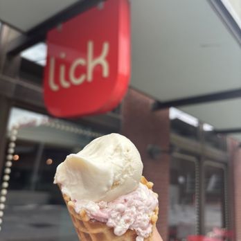 Lick Honest Ice Creams - Waffle cone with Sweet Cream & Strawberry on bottom and Honey & Vanilla Bean on top - Ice Cream & Frozen Yogurt Near Me - San Antonio, Texas Lick Honest Ice Creams - Waffle cone with Sweet Cream & Strawberry on bottom and Honey & Vanilla Bean on top - Ice Cream & Frozen Yogurt Near Me - San Antonio, Texas
