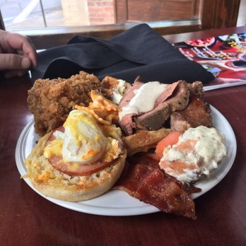 73 & Main - My husband's plate that contained fried chicken and waffles, pork tenderloin, prime rib, etc. - Seafood Near Me - Mount Pleasant, North Carolina